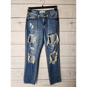 Kancan Womens Tapered Jeans Blue Distressed Pockets Whiskered Mid Rise Juniors 1